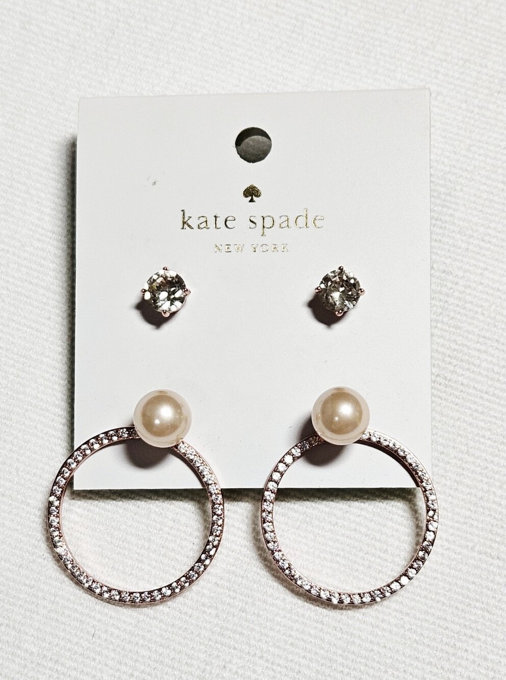 kate spade Rose Gold Crystal & Pearl Hoop Drop Earrings Set NWT